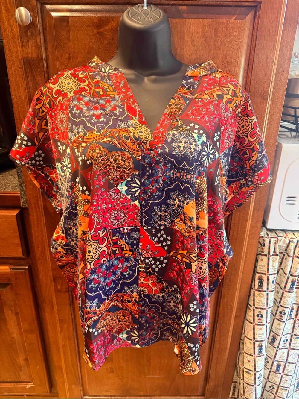 Nicole Miller Red Multi Patchwork V-Neck Blouse